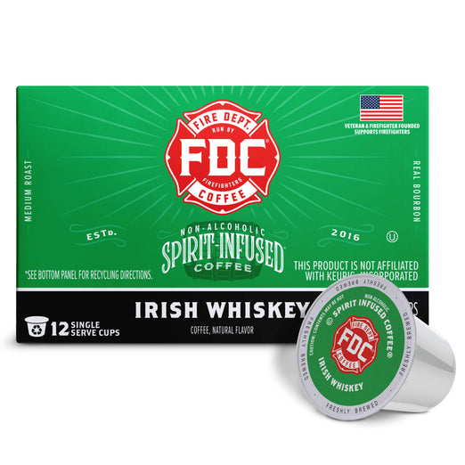 FDC Fire Department licensed coffee packaging box in green and black with a single Irish Whiskey single-serve coffee capsule shown in front on a white background.