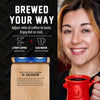 Promotional graphic for El Salvador coffee, featuring a smiling woman holding a red coffee mug on the right, and brewing instructions on the left against a dark textured background. The bag of coffee is labeled 'El Salvador' and 'Coffee from the Region of Sichapa.