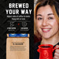 Promotional graphic for El Salvador coffee, featuring a smiling woman holding a red coffee mug on the right, and brewing instructions on the left against a dark textured background. The bag of coffee is labeled ’El Salvador’ and ’Coffee from the Region of Sichapa.