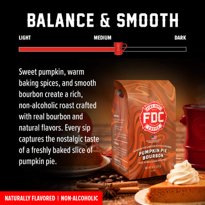 A bag of FDC Fire Department Bourbon Coffee, Pumpkin Pie Bourbon flavor, featuring a red and orange marbled design with a white FDC logo. The bag is shown against a white background with a black text banner at the bottom reading 'SPIRIT INFUSED COFFEE | OCTOBER 2026'.