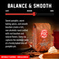 FDC Naturally Flavored Pumpkin Pie Bourbon coffee bag shown on a dark promotional background with a flavor description, a balance slider graphic, and coffee-themed props including a slice of pumpkin pie, cinnamon, and a mug.