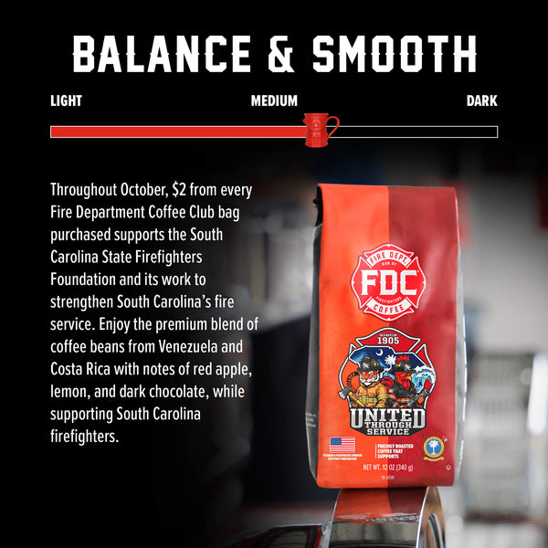 A 12 oz bag of FDC Fire Department Coffee on a white background with a black banner at the bottom reading 'GIVES BACK TO SUPPORT'. The bag is orange and red with a prominent red FDC logo and a 'United Through Service' firefighter illustration.