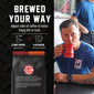 A split promotional graphic for South Carolina Fire Department Club Coffee. The left side shows a black bag of coffee with white and red text reading ’BREWED YOUR WAY’ and serving suggestions, while the right side shows a man in a blue shirt drinking from a red mug in a real environment.