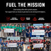Promotional collage for a veteran-owned coffee company supporting firefighters. The top section has a black background with white text reading 'FUEL THE MISSION' and smaller copy about great-tasting coffee with greater purpose.