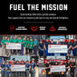 Promotional collage for a veteran-owned coffee company supporting firefighters. The top section has a black background with white text reading ’FUEL THE MISSION’ and smaller copy about great-tasting coffee with greater purpose.