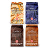 Back views of four Fire Department Coffee Spirit Infused Coffee bags arranged in a grid: Toasted Marshmallow Whiskey, Blueberry Crumble Bourbon, Mexican Chocolate Tequila, and Butter Toffee Bourbon, with flavor descriptions and non-alcoholic labeling.