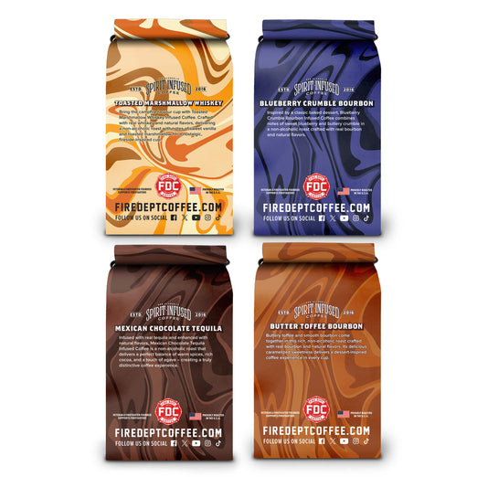 Back views of four Fire Department Coffee Spirit Infused Coffee bags arranged in a grid: Toasted Marshmallow Whiskey, Blueberry Crumble Bourbon, Mexican Chocolate Tequila, and Butter Toffee Bourbon, with flavor descriptions and non-alcoholic labeling.