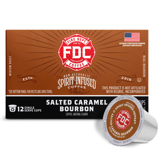 FDC Fire Department Spirit-Infused Coffee in Salted Caramel Bourbon flavor, showing the brown and black retail box alongside two single-serve coffee pods on a white background.