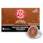 FDC Fire Department Spirit-Infused Coffee in Salted Caramel Bourbon flavor, showing the brown and black retail box alongside two single-serve coffee pods on a white background.