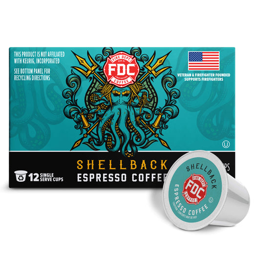FDC Firefighter Shellback Espresso Coffee K-cup packaging box with a single coffee capsule shown in front on a white background.