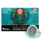 FDC Firefighter Shellback Espresso Coffee K-cup packaging box with a single coffee capsule shown in front on a white background.