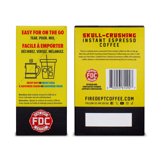 Front and back views of a Fire Dept Coffee ’Skull-Crushing Instant Espresso’ pouch package, featuring a bright yellow background with red and black text and illustrations.