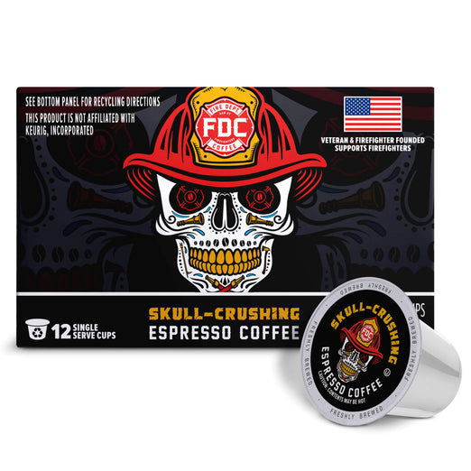 FCO Coffee ’Skull-Crushing’ Espresso Coffee packaging box with a large skull wearing a firefighter helmet graphic, plus one loose single-serve coffee capsule in front on a white background.