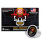 FCO Coffee ’Skull-Crushing’ Espresso Coffee packaging box with a large skull wearing a firefighter helmet graphic, plus one loose single-serve coffee capsule in front on a white background.