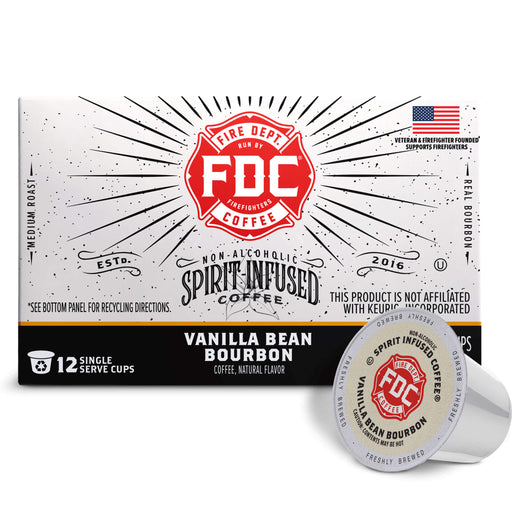 FDC Fire Department Spirit Infused Coffee Vanilla Bean Bourbon single-serve coffee pods, showing the product box and one individual pod on a clean white background.