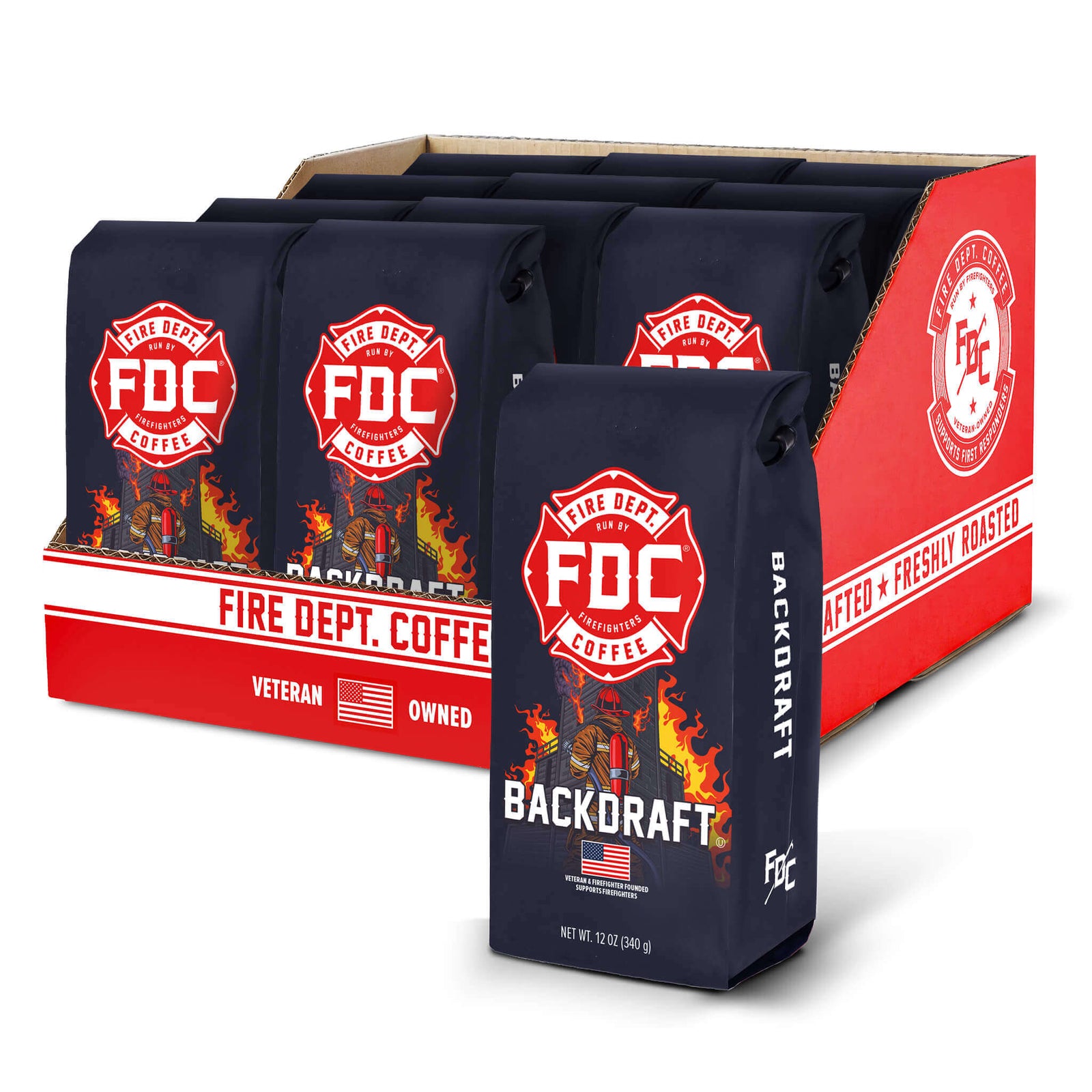 FDC Coffee packaging with 'Backdraft' flavor on a white background