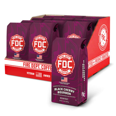 FDC Coffee packaging with purple bags and red display stand on a white background