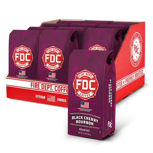 FDC Coffee packaging with purple bags and red display stand on a white background