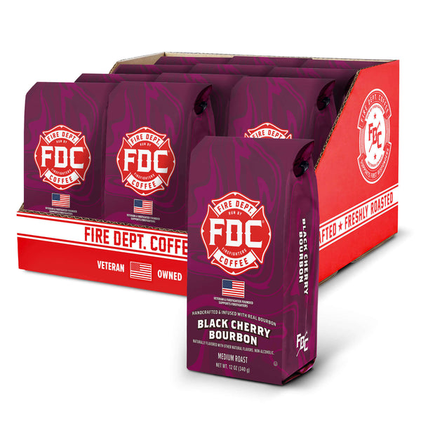 FDC Coffee packaging with purple bags and red display stand on a white background