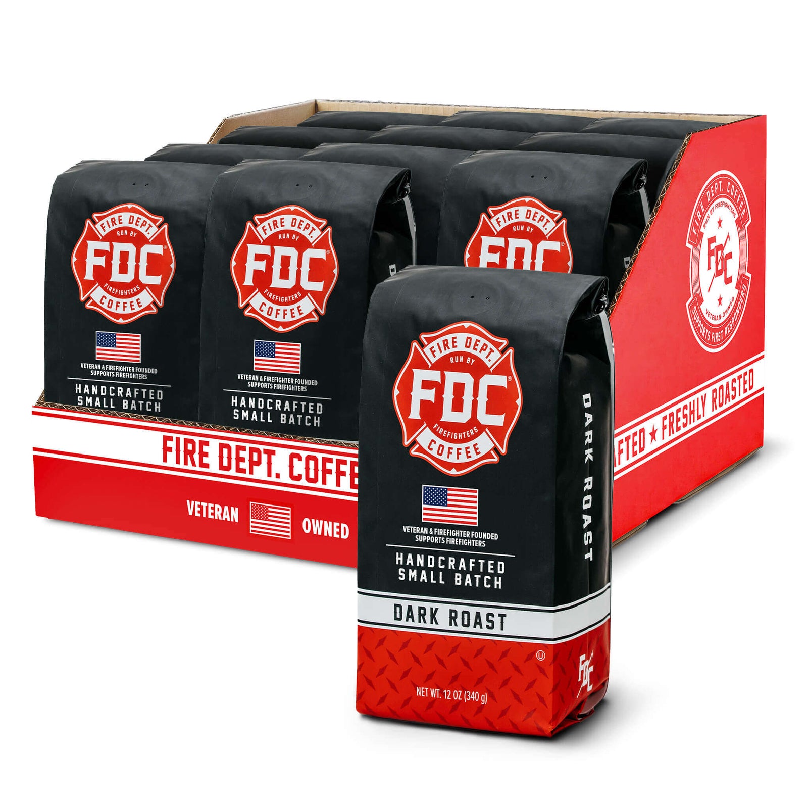 Fire Dept. Coffee bags with red and black design on a white background