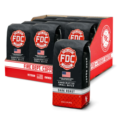 Fire Dept. Coffee bags with red and black design on a white background