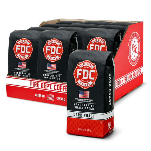 Fire Dept. Coffee bags with red and black design on a white background