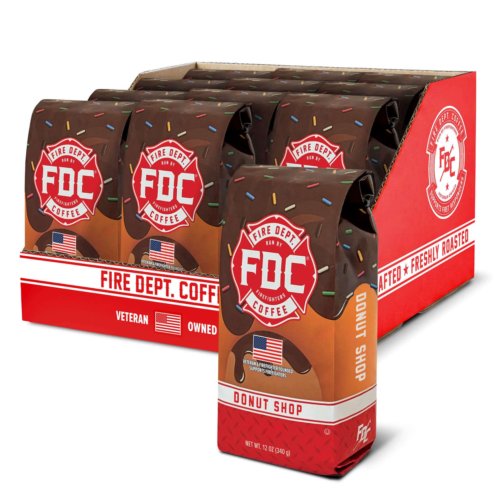 Packaging of Fire Dept. Coffee with 'Donut Shop' flavor on a white background