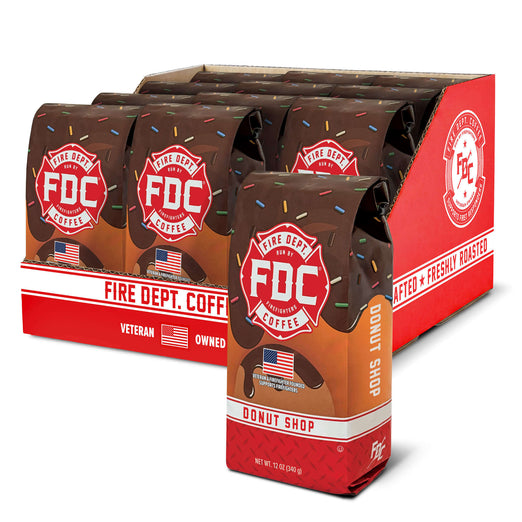 Packaging of Fire Dept. Coffee with ’Donut Shop’ flavor on a white background