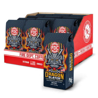 12 bags of Fire Department Coffee Dragon Slayer Bourbon Infused Coffee set inside a red box opened box.