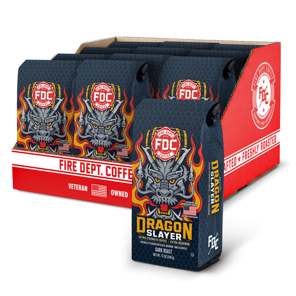 12 bags of Fire Department Coffee Dragon Slayer Bourbon Infused Coffee set inside a red box opened box.