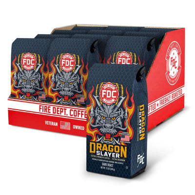 Fire Dept. Coffee Dragon Slayer coffee packaging with a dragon graphic on a white background