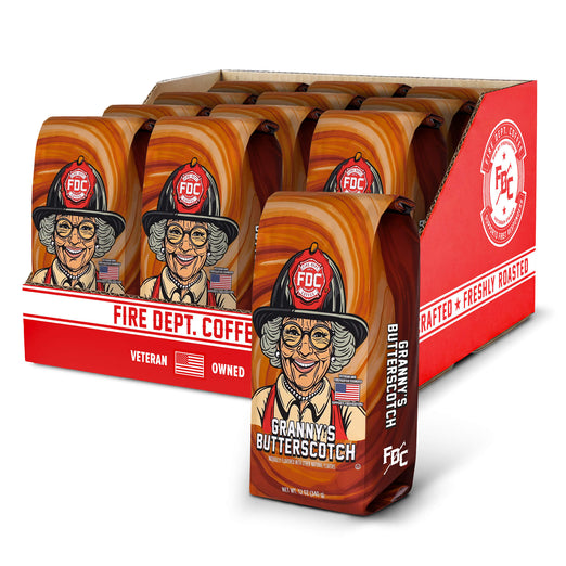 Packaging of Granny’s Butterscotch Fire Dept. Coffee with cartoon character on a white background