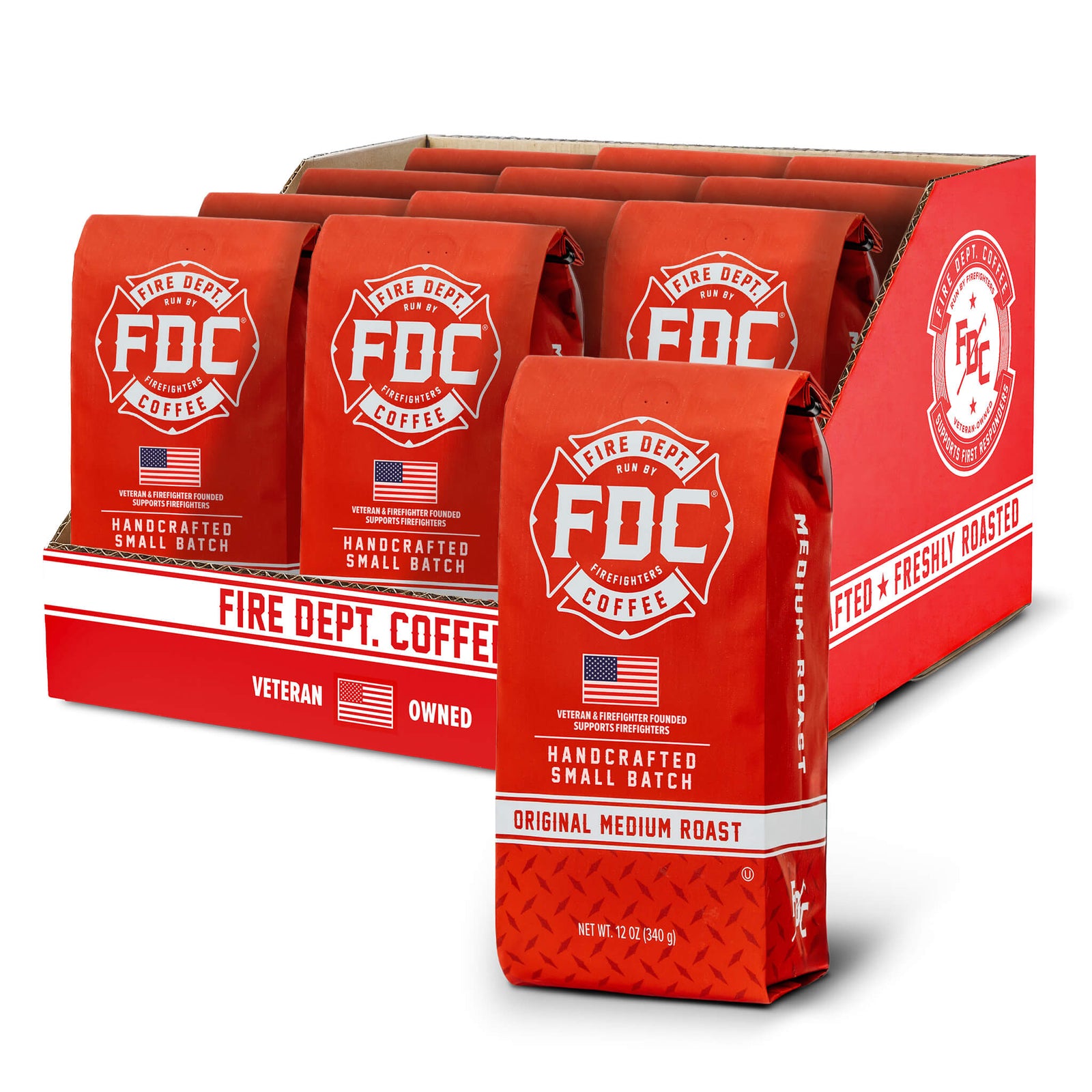 A 5lb bag of Fire Department Coffee's Original Medium Roast with a "best value" tag in the top left corner