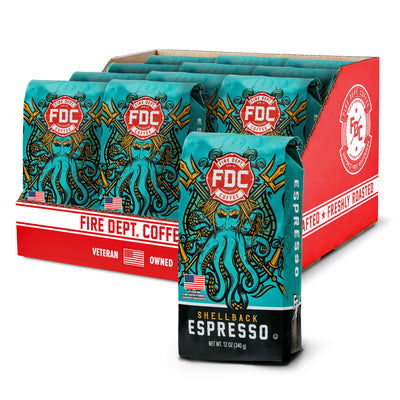 Packaging of Fire Dept. Coffee Shellback Espresso with a red and blue design.