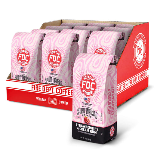 Display of Fire Dept. Coffee Strawberry & Cream Rum coffee packages with a red box.