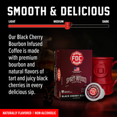 A box of FDC Fire Department Spirit-Infused Coffee in Black Cherry Bourbon flavor, shown alongside a single single-serve coffee capsule on a clean white background.