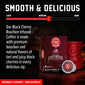 Black Cherry Bourbon Infused Coffee by FDC, featuring a dark red product box, a red ceramic mug, and a single coffee capsule on a dark background with promotional text.