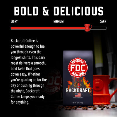 Fire Department Coffee bag with 'FDC' logo and 'Backdraft' text on a white background