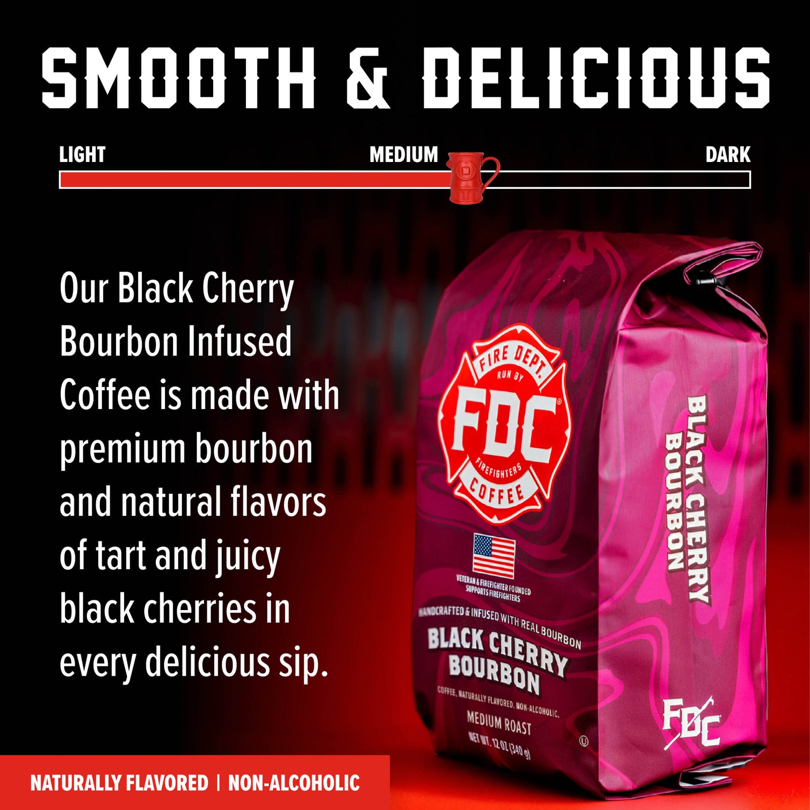 Fire Dept. Coffee Black Cherry Bourbon coffee package on a white background