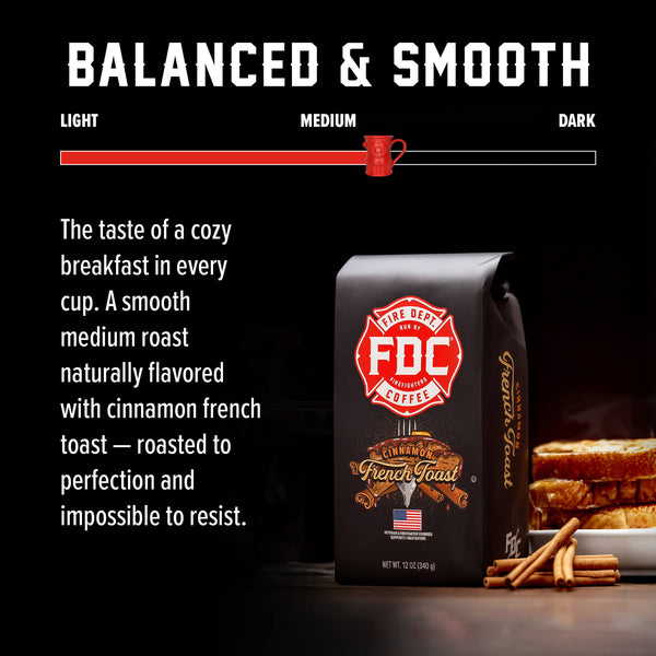 A 12 oz bag of Cinnamon French Toast Coffee from Fire Department Coffee.