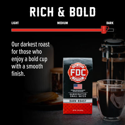 A 12 ounce package of Fire Department Coffee's Dark Roast.
