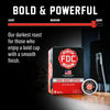 FDC Fire Department Bold Coffee in a black and red box with a single coffee capsule shown in front, set against a dark background with promotional text reading 'BOLD & POWERFUL'.