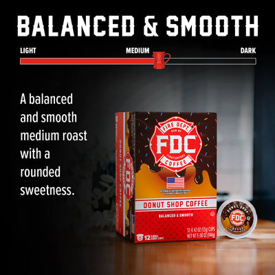 A box of FDC Fire Department Coffee Donut Shop Coffee with a single single-serve coffee pod placed in front on a white background.