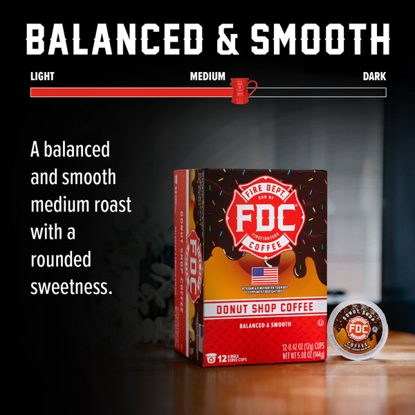 A box of FDC Fire Department Coffee Donut Shop Coffee with a single single-serve coffee pod placed in front on a white background.