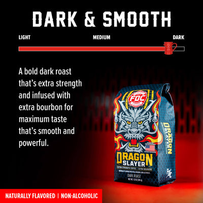 Fire Dept. Coffee's 12 ounce Dragon Slayer Bourbon Infused Coffee in a rectangular package.