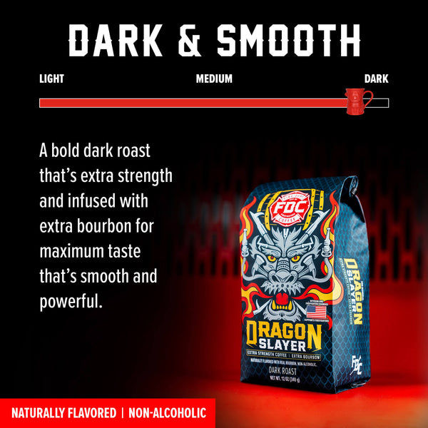 Fire Dept. Coffee's 12 ounce Dragon Slayer Bourbon Infused Coffee in a rectangular package.