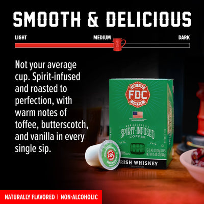 FDC Fire Department Spirit Infused Coffee Irish Whiskey flavor box with one single-serve coffee capsule shown in front on a white background.
