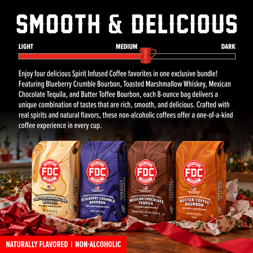 Fire Department Coffee bundle with four 8-ounce bags: Toasted Marshmallow Whiskey, Blueberry Crumble Bourbon, Mexican Chocolate Tequila, and Butter Toffee Bourbon. Naturally flavored, non-alcoholic coffees displayed with holiday gift wrap beneath a “Smooth & Delicious” heading and medium-to-dark roast scale.