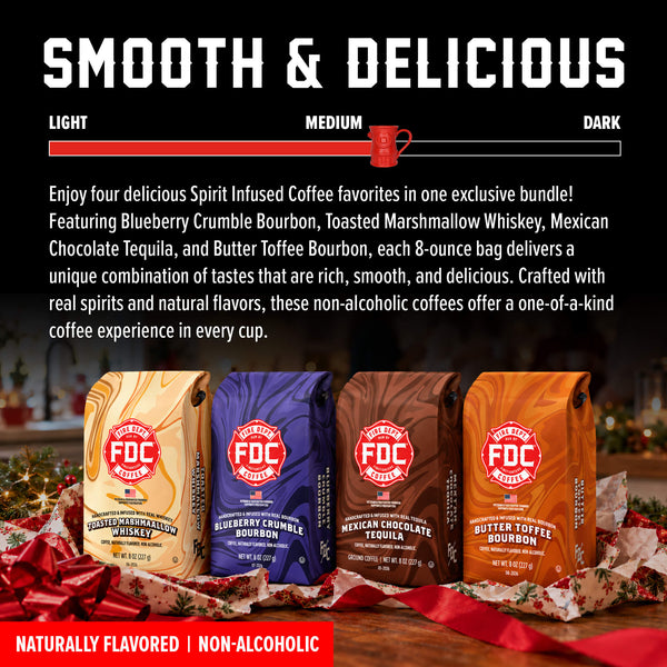Product grouping showing four coffee bags together. The bags include a bag of Blueberry Crumble Bourbon Infused Coffee, Mexican Chocolate Tequila Infused Coffee, Butter Toffee Bourbon Infused Coffee, and Toasted Marshmallow Whiskey Infused Coffee all set on a white background.