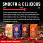 Fire Department Coffee bundle with four 8-ounce bags: Toasted Marshmallow Whiskey, Blueberry Crumble Bourbon, Mexican Chocolate Tequila, and Butter Toffee Bourbon. Naturally flavored, non-alcoholic coffees displayed with holiday gift wrap beneath a “Smooth & Delicious” heading and medium-to-dark roast scale.